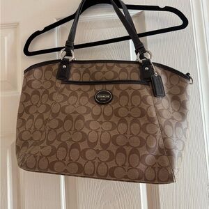 Vintage Y2K Coach Peyton Tan and Brown Signature Tote Bag with Leather Trim